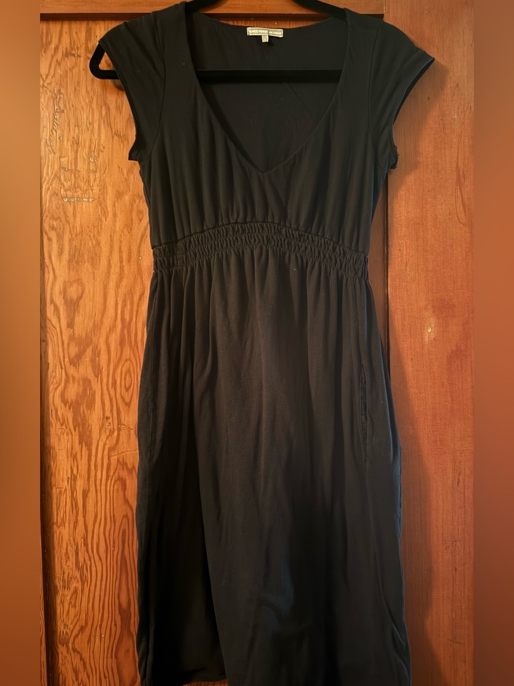 James Perse Black V-Neck Cap-Sleeve Midi Dress